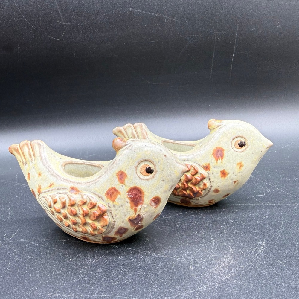 Vintage Ceramic Bird Candle‎ Holders Pair Speckled Green Brown Glaze
